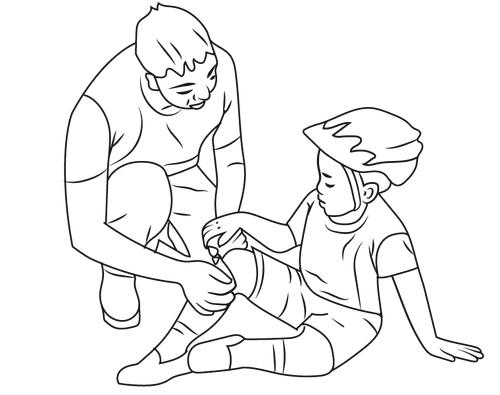illustration of man bandaging child’s knee