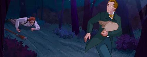 Joseph Smith carrying the gold plates. A man is chasing him and trying to get the plates.