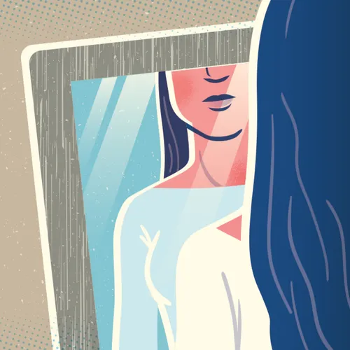 a woman looking in the mirror