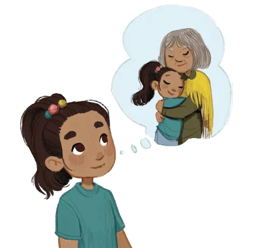 Girl thinking of the grandmother hugging her