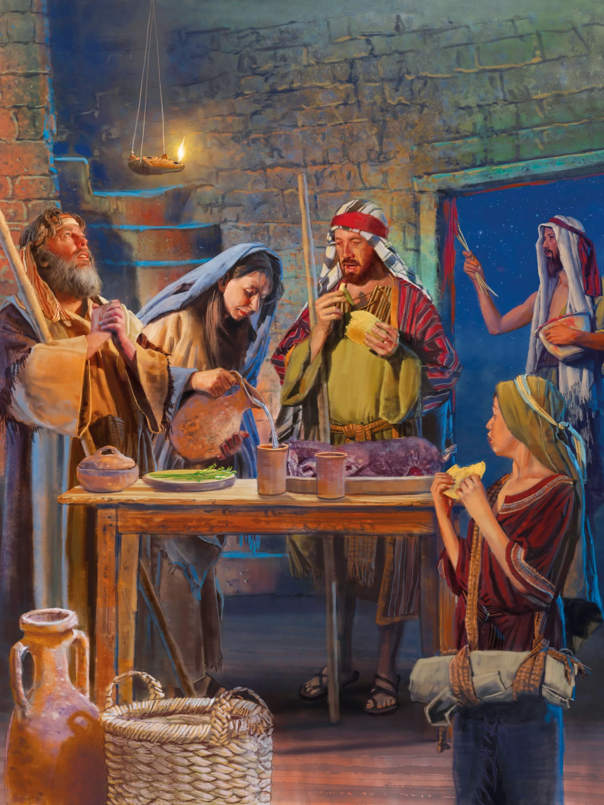 Painting of a family of Israelite slaves eating the Passover meal.  One man paints the doorposts with blood.