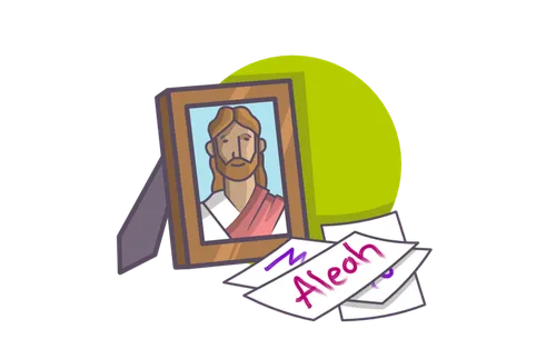 pieces of paper next to framed picture of Jesus