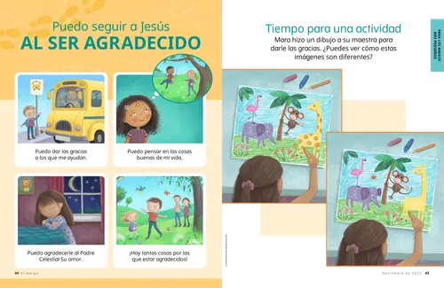 Página en PDF de un niño que saluda a un conductor de autobús, una niña que piensa en sus amigos, una niña que ora y niños en la naturaleza; además de una actividad para encontrar las diferencias