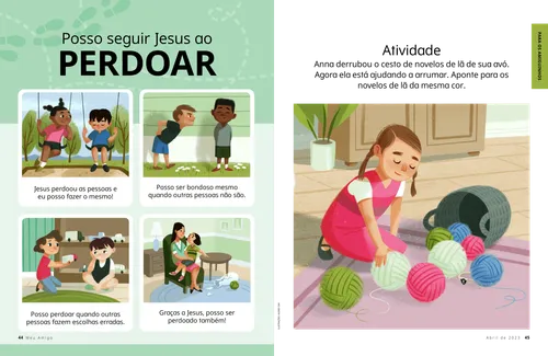Página em PDF de duas crianças em balanços, um menino é maldoso com outro menino, uma criança entregando um caminhão de brinquedo para outra criança, uma menina dizendo à mãe que quebrou um vaso