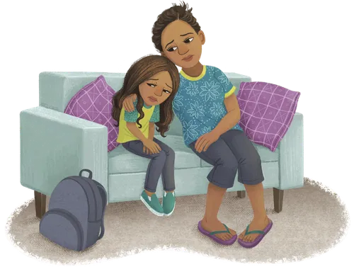 Girl sitting on couch looking sad while her mother hugs her