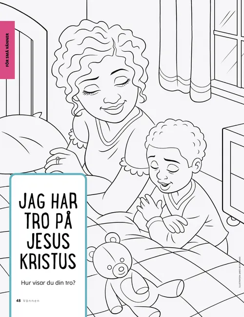 Färgläggnings-pdf med en kvinna och en pojke som knäböjer vid en säng för att be.