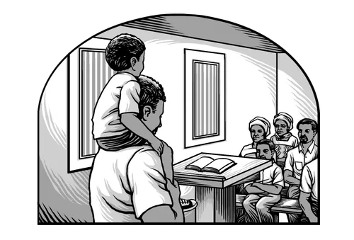 Billy Johnson preaching with his young son sitting on his shoulders