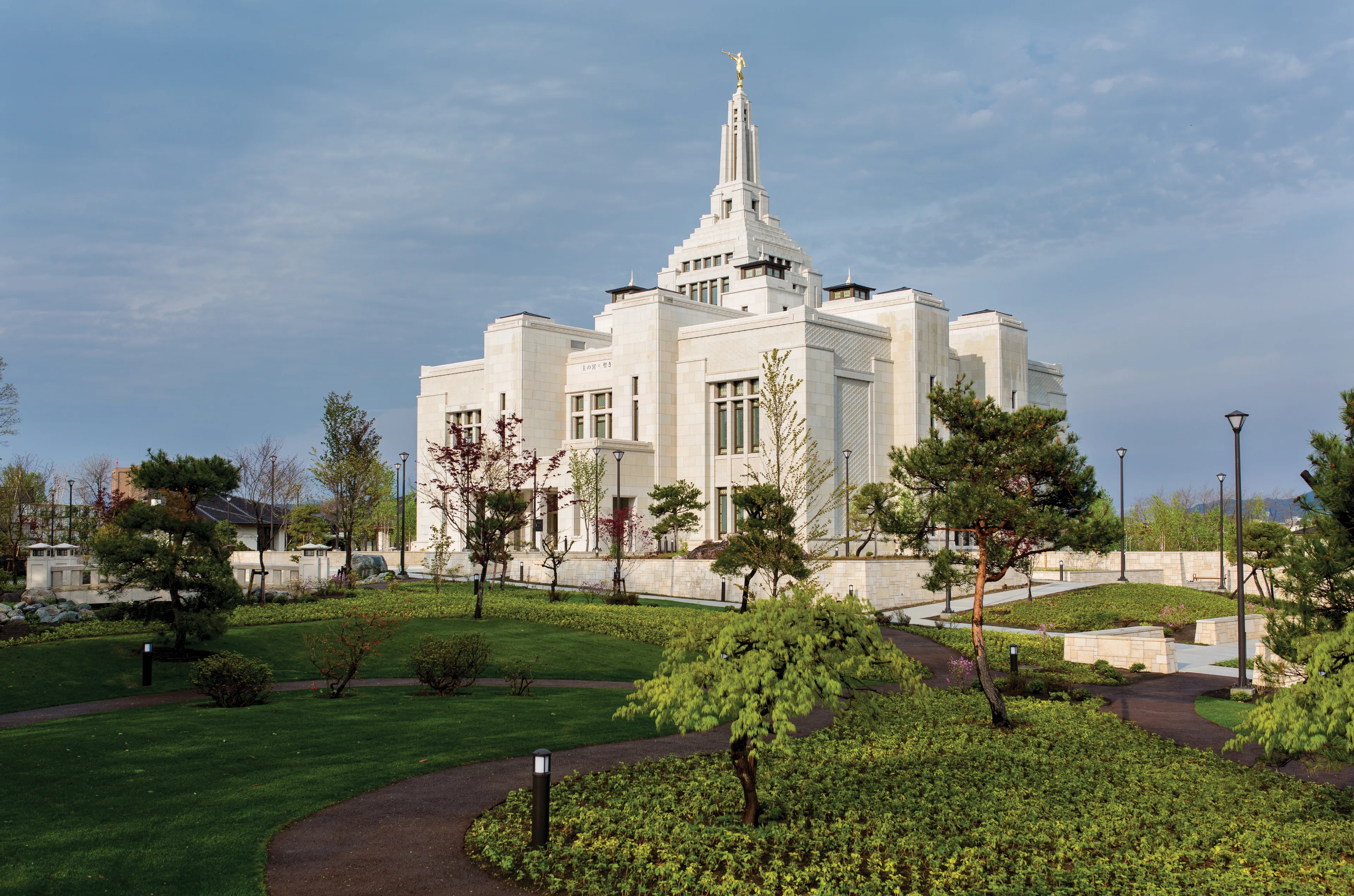 The Sapporo Japan Temple and grounds on a sunny day.