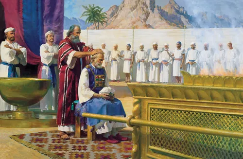 A painting by Harry Anderson showing Moses with his hands on Aaron’s head inside of the tabernacle.
