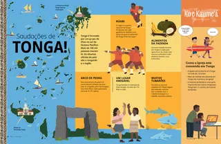 Página PDF do mapa de Tonga, um time de rúgbi, tubarões, um arco de pedra, alimentos cultivados em Tonga, meninas sorrindo e uma menina usando um computador