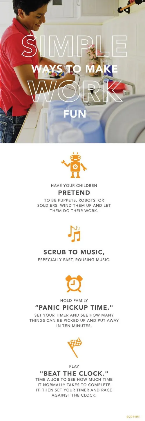 Simple ways to make work fun: “Have your children pretend to be puppets, robots, or soldiers. Wind them up and let them do their work. Scrub to music, especially fast, rousing music. Hold family ‘panic-pickup-time.’ Set your timer and see how many things can be picked up and put away in ten minutes. Play ‘Beat the Clock.’ Time a job to see how much time it normally takes to complete it. Then set your timer and race against the clock.”—Family Home Evening Resource Book, “Making Work Fun”
