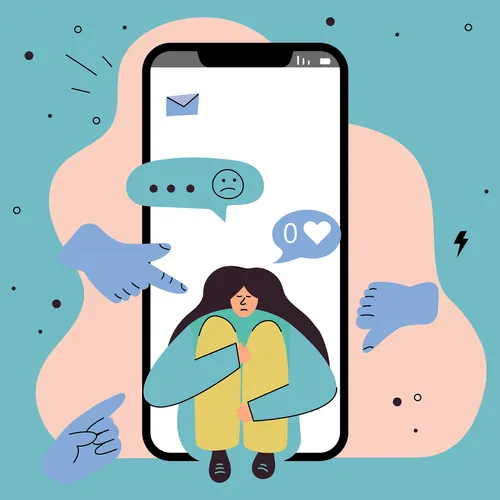 young woman and oversized mobile phone