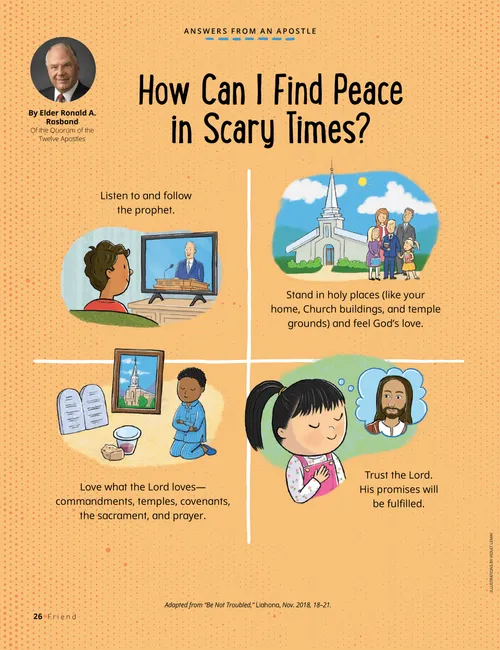 Article PDF with images of children watching general conference, going to church, praying, thinking about Jesus Christ