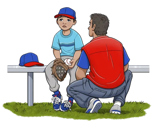 Boy in baseball uniform talking to coach