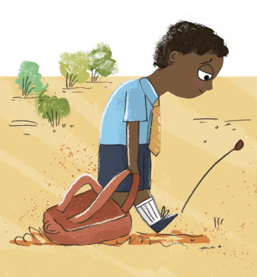 Boy walking sadly and dragging backpack on the ground