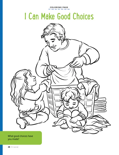 Coloring page PDF of a man and two children folding laundry together