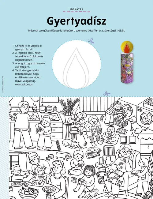 Illusztráció, amelyen egy papírból készült gyertya látható, valamint egy kedves embereket ábrázoló színező