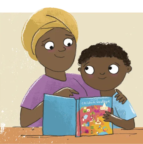 Boy and mom looking at Children’s Guidebook