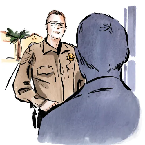 illustration of a police officer standing at a man’s door