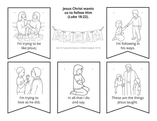 Line art depicting people following Jesus Christ.
