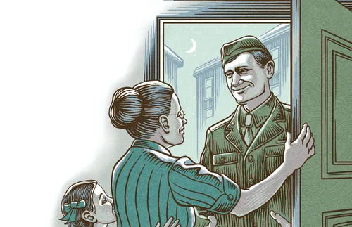 woman and her daughter opening the door for a US Army soldier