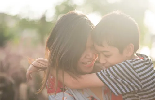 mother walking with son