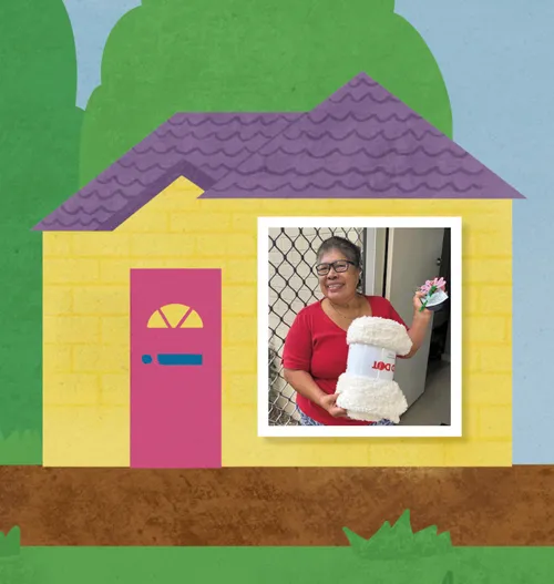 Illustration of a house with a real photo of a woman holding a rolled-up blanket