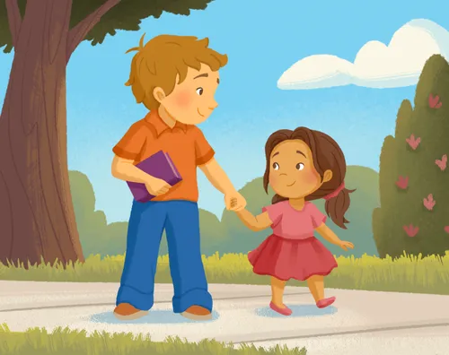 Older boy holding little girl’s hand
