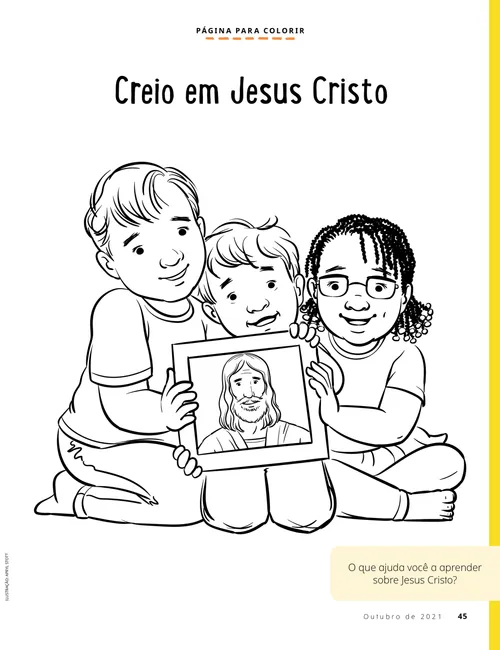 Página em PDF para colorir mostrando três crianças segurando uma gravura de Jesus Cristo