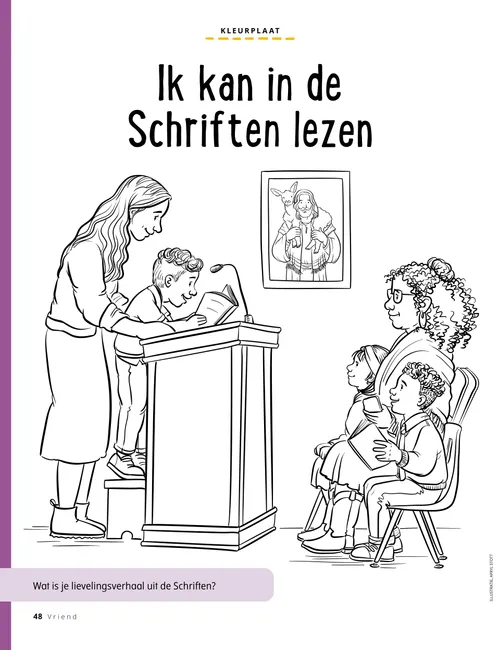 Kleurplaat van een jongen die in het jeugdwerk een Schrifttekst leest