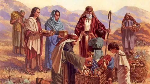 Israelites gathering offerings for the tabernacle