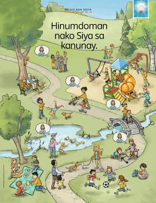 Mga tawo anaa sa plasa nga naghunahuna mahitungod ni Jesus