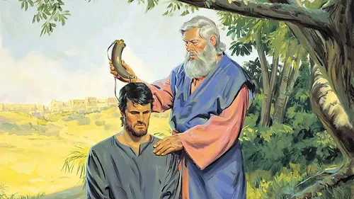 an illustration of Samuel pouring oil on Saul’s head