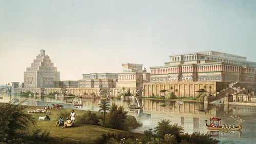 the city Nineveh with buildings and a river
