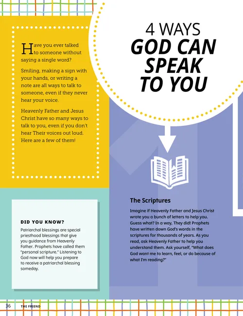 Page PDF with icons of scriptures, a heart, a man, and two people waving