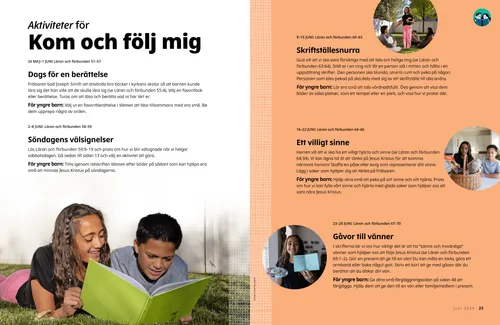 Pdf-sida där en flicka håller i skrifterna och står i en ring av sittande barn.