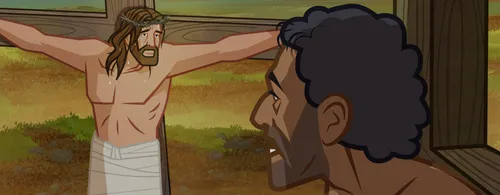 Jesus talks with one of the criminals.