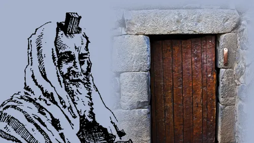 a drawing of a man wearing a phylactery and a photograph of a doorway with a mezuzah