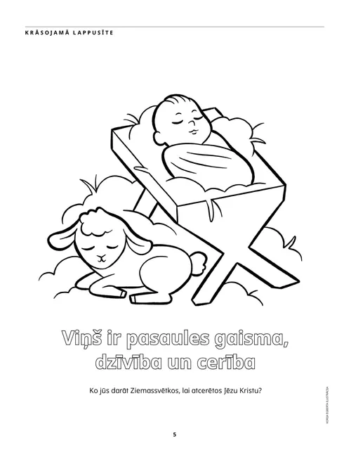 Krāsojamā lappusīte PDF formātā: bērniņš Jēzus silītē un jērs