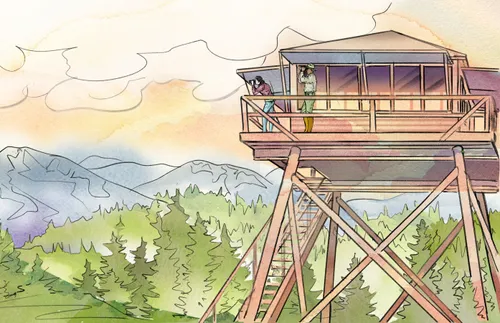 man and woman looking through binoculars at the mountains and forest from a fire watchtower station
