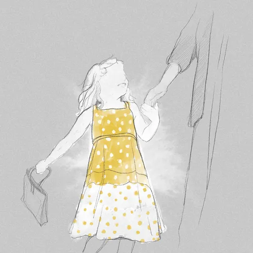 illustration of a child holding her mother‘s hand