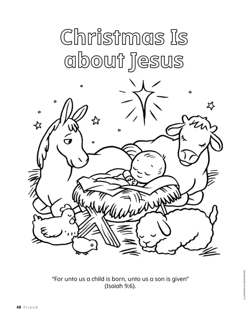 Coloring page of baby Jesus with animals