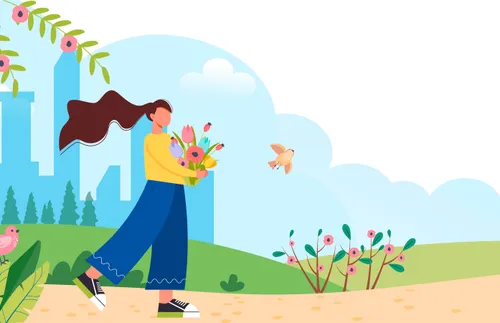 an illustration of a woman carrying flowers