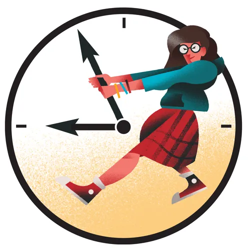 young woman with large clock