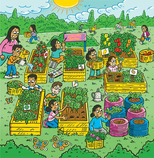 Hidden-picture activity of children gardening