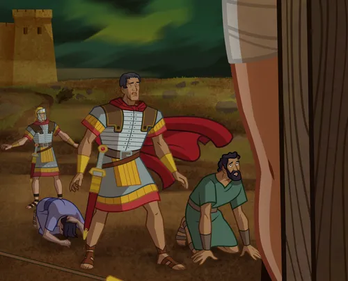The soldiers watching Jesus are afraid.