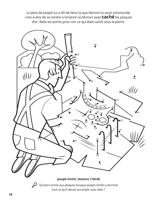 Page de coloriage avec une activité de points à relier représentant Joseph Smith et les plaques d’or