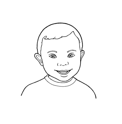 A black-and-white illustration of a young boy with Down syndrome smiling and wearing a simple T-shirt.