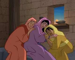 Orpah, Ruth, and Naomi hugging