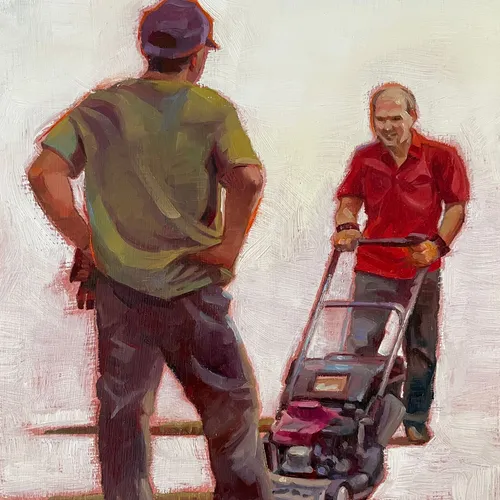 Russell M. Nelson mowing a lawn as a neighbor looks on